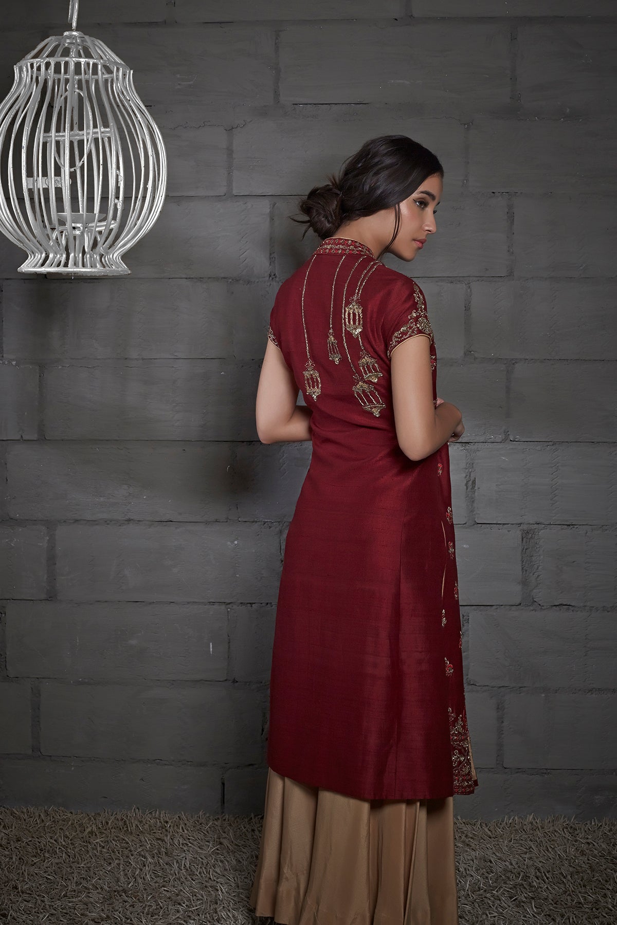 Golden olive A-line short silk kurta set with all over embroidery, hig –  Kora India